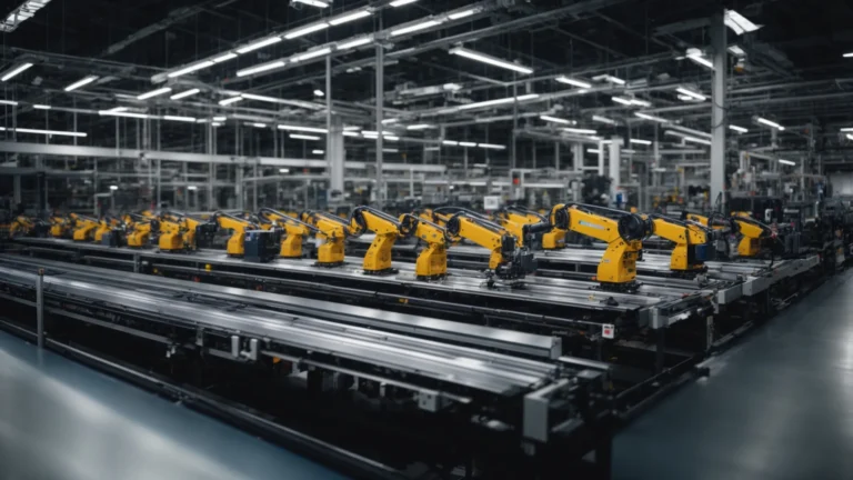rows of robotic arms efficiently assembling products on a conveyor belt in a high-tech manufacturing plant.