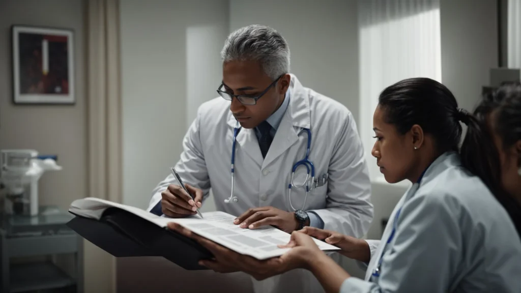 a medical professional is consulting with a patient about their health risks using a comprehensive guide.