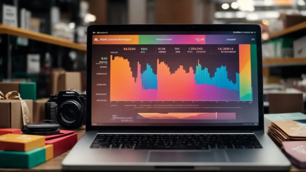 a laptop screen displaying colorful graphs and charts next to a shopping cart filled with boxes and a credit card.