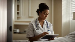 a nurse is using a tablet to fill out electronic forms while visiting a patient at home.